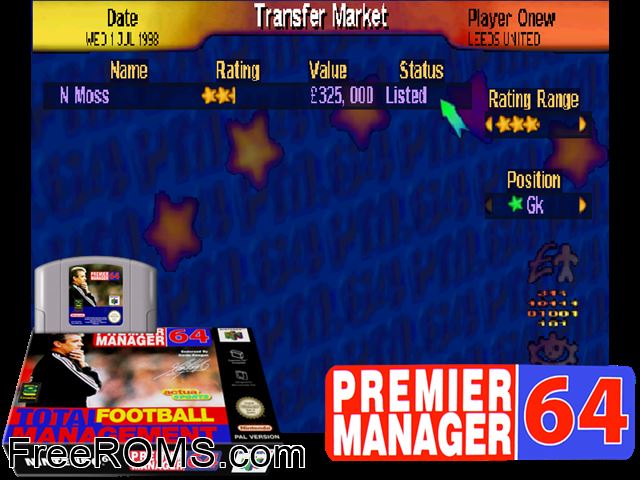 Premier Manager 64 N64 game showing 3D box cover and gameplay screenshot