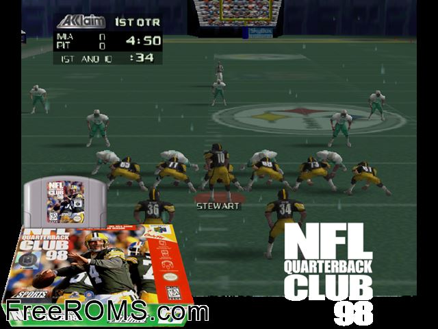 Quarterback Club 98 N64 game showing 3D box cover and gameplay screenshot
