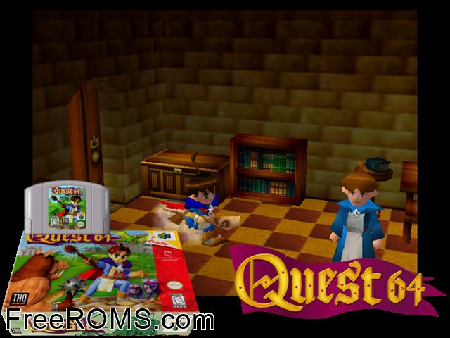 Quest 64 N64 game showing 3D box cover and gameplay screenshot