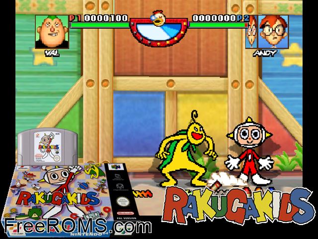 Rakuga Kids N64 game showing 3D box cover and gameplay screenshot