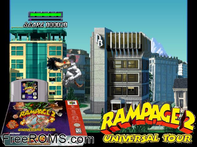 Rampage 2 - Universal Tour N64 game showing 3D box cover and gameplay screenshot