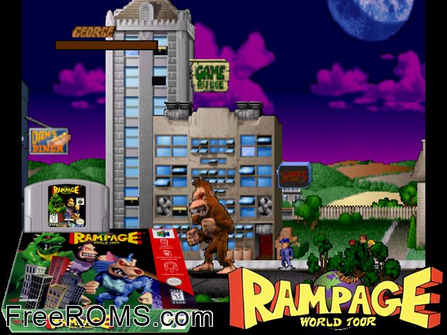 Rampage World Tour N64 game showing 3D box cover and gameplay screenshot