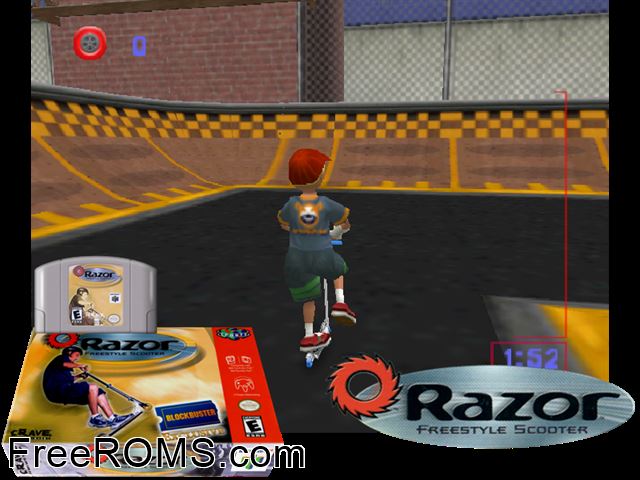 Razor Freestyle Scooter N64 game showing 3D box cover and gameplay screenshot