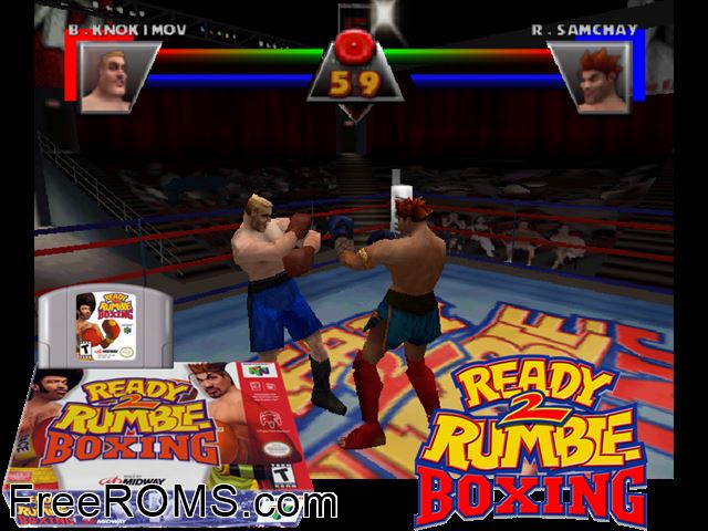 Ready 2 Rumble Boxing N64 game showing 3D box cover and gameplay screenshot