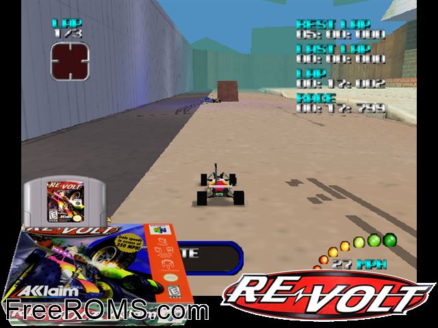 Re-Volt N64 game showing 3D box cover and gameplay screenshot