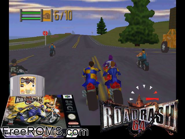 Road Rash 64 N64 game showing 3D box cover and gameplay screenshot