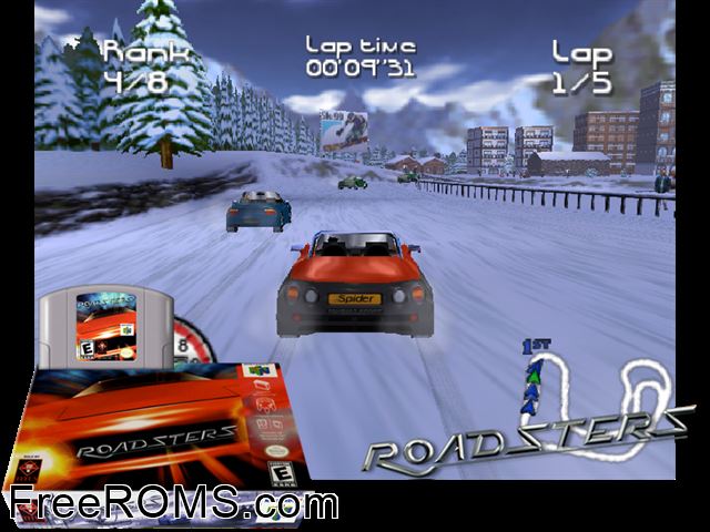 Roadsters Trophy N64 game showing 3D box cover and gameplay screenshot