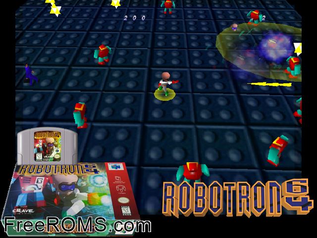 Robotron 64 N64 game showing 3D box cover and gameplay screenshot