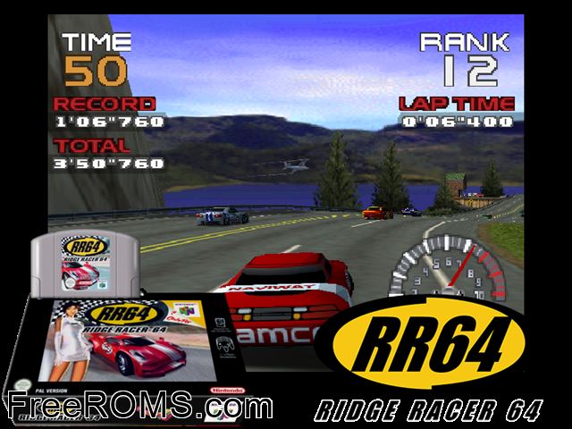 RR64 - Ridge Racer 64 N64 game showing 3D box cover and gameplay screenshot