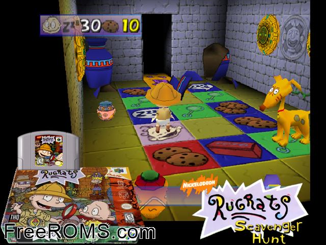Rugrats - Scavenger Hunt N64 game showing 3D box cover and gameplay screenshot