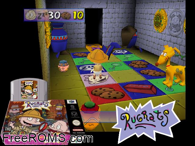 Rugrats - Treasure Hunt N64 game showing 3D box cover and gameplay screenshot