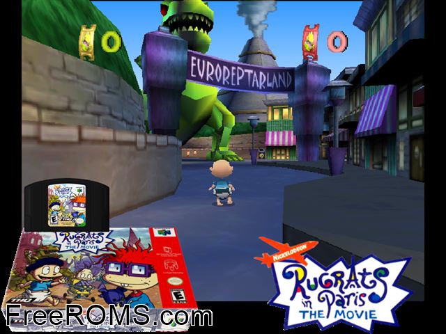Rugrats in Paris - The Movie N64 game showing 3D box cover and gameplay screenshot