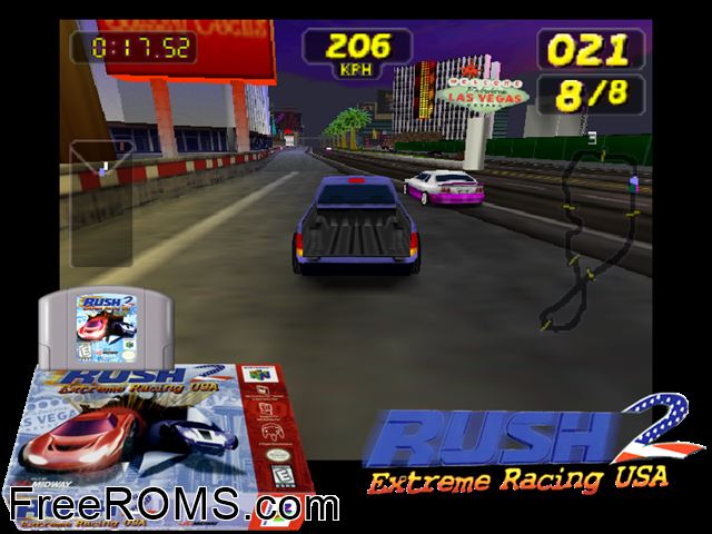 Rush 2 - Extreme Racing USA N64 game showing 3D box cover and gameplay screenshot