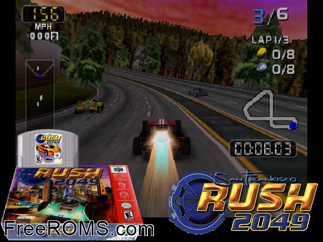 San Francisco Rush 2049 N64 game showing 3D box cover and gameplay screenshot