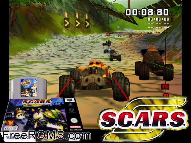 SCARS N64 game showing 3D box cover and gameplay screenshot