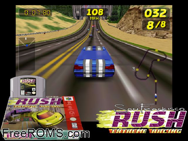 SF Rush N64 game showing 3D box cover and gameplay screenshot