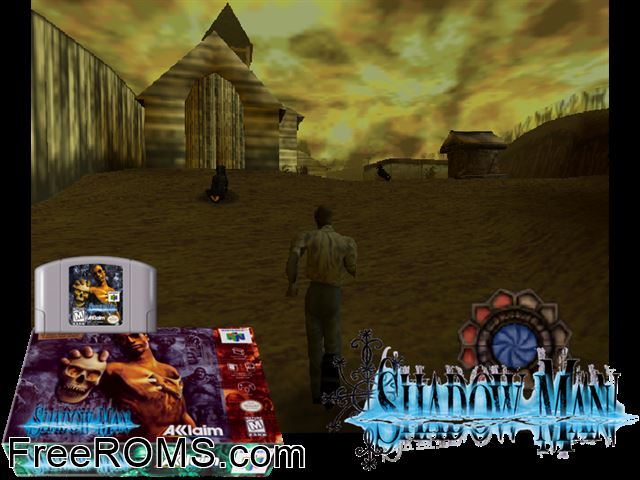 Shadow Man N64 game showing 3D box cover and gameplay screenshot