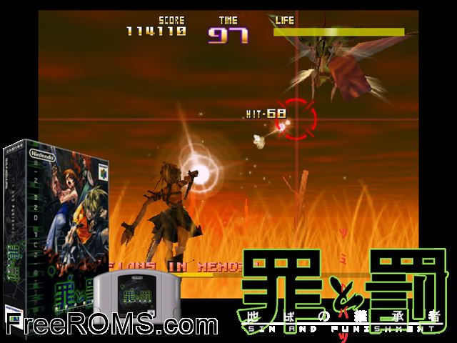 Sin and Punishment N64 game showing 3D box cover and gameplay screenshot