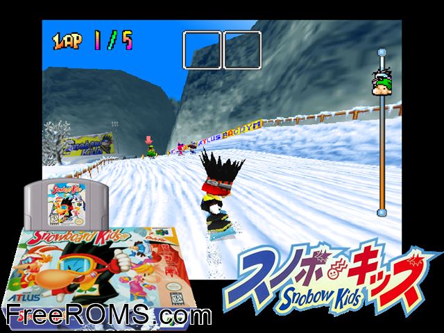 Snowboard Kids N64 game showing 3D box cover and gameplay screenshot