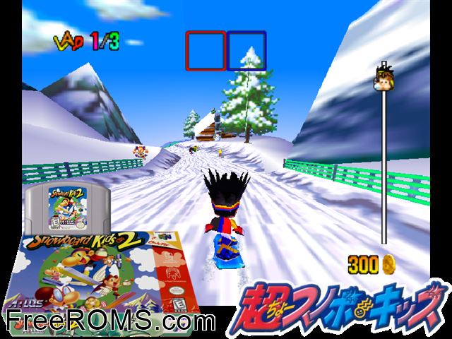 Snowboard Kids 2 N64 game showing 3D box cover and gameplay screenshot