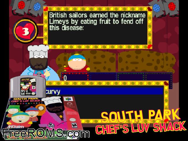 South Park - Chefs Luv Shack N64 game showing 3D box cover and gameplay screenshot