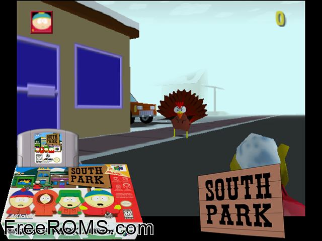 South Park N64 game showing 3D box cover and gameplay screenshot