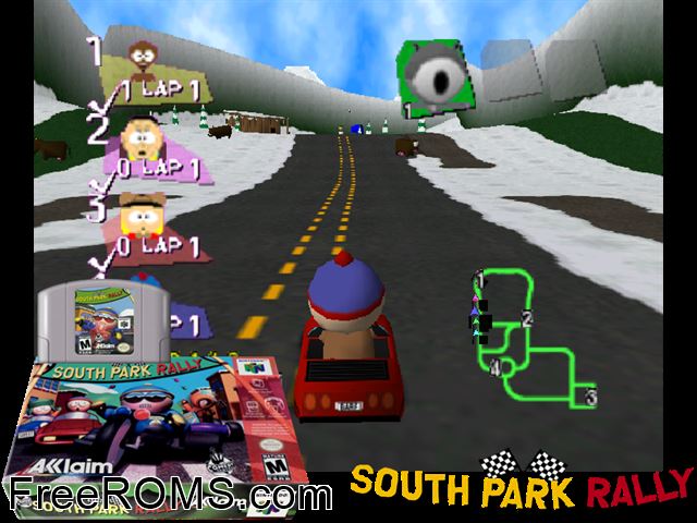 South Park Rally N64 game showing 3D box cover and gameplay screenshot