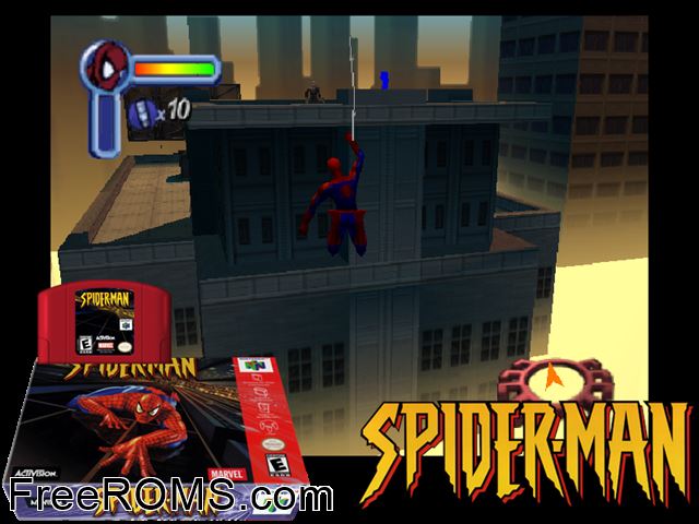 Spider-Man N64 game showing 3D box cover and gameplay screenshot