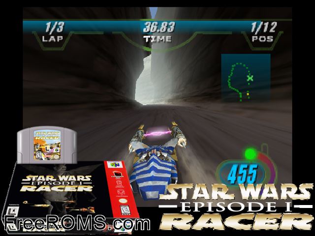 Star Wars Episode I - Racer N64 game showing 3D box cover and gameplay screenshot