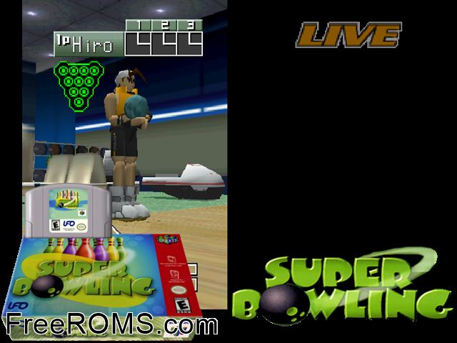 Super Bowling 64 N64 game showing 3D box cover and gameplay screenshot