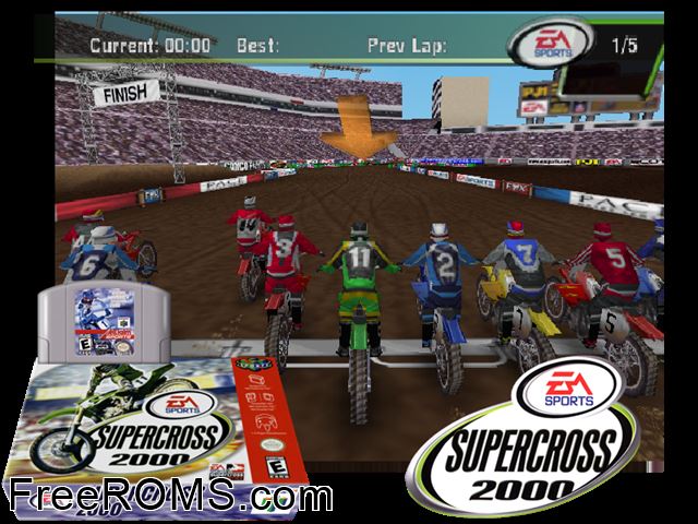 Supercross 2000 N64 game showing 3D box cover and gameplay screenshot