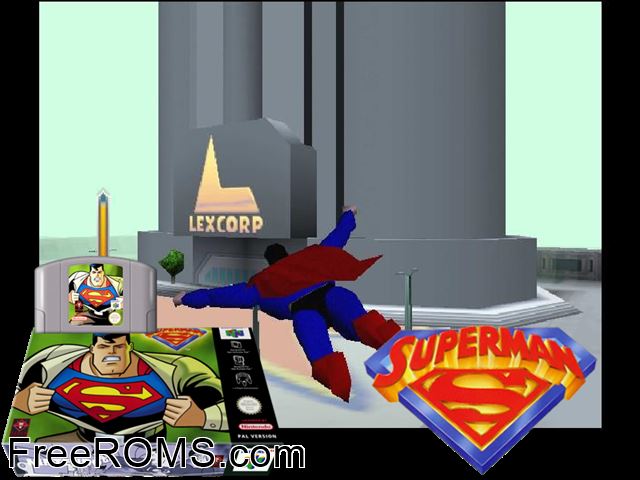 Superman N64 game showing 3D box cover and gameplay screenshot