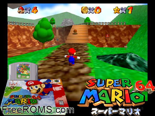 Super Mario 64 N64 game showing 3D box cover and gameplay screenshot