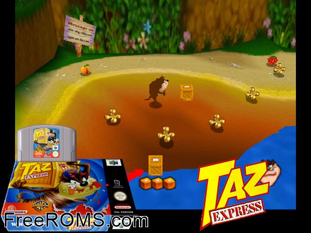 Taz Express N64 game showing 3D box cover and gameplay screenshot