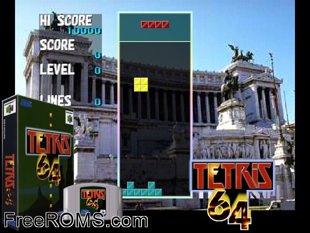 Tetris 64 N64 game showing 3D box cover and gameplay screenshot
