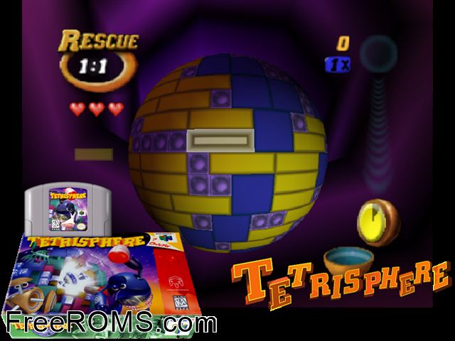 Tetrisphere N64 game showing 3D box cover and gameplay screenshot