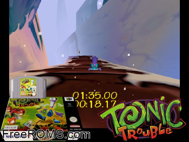 Tonic Trouble N64 game showing 3D box cover and gameplay screenshot