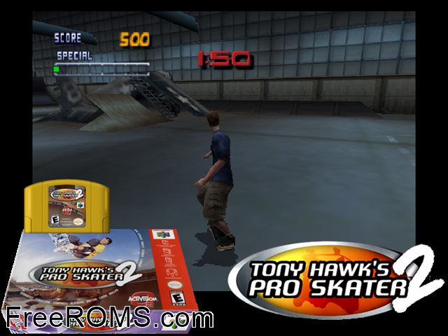 Tony Hawks Pro Skater 2 N64 game showing 3D box cover and gameplay screenshot