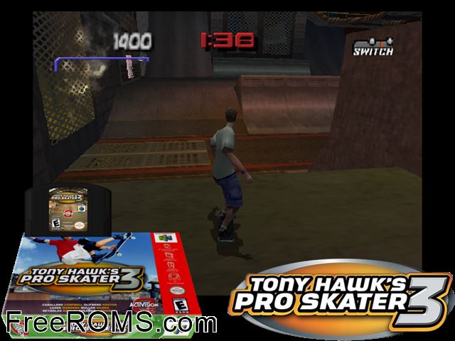 Tony Hawks Pro Skater 3 N64 game showing 3D box cover and gameplay screenshot