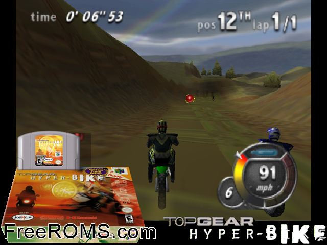 Top Gear Hyper Bike N64 game showing 3D box cover and gameplay screenshot