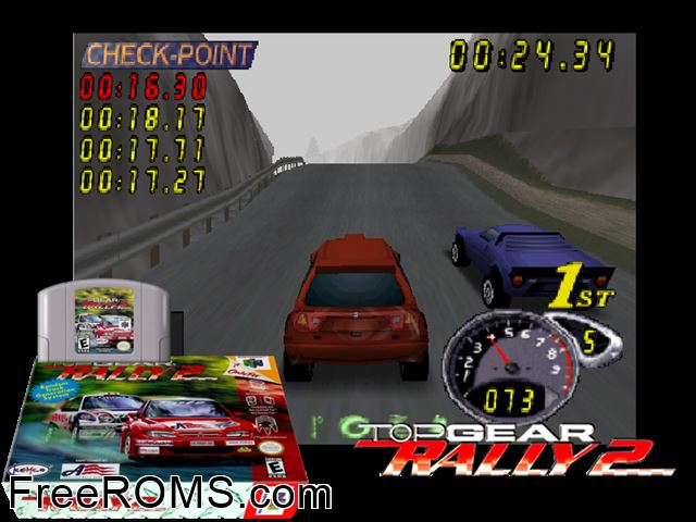 Top Gear Rally 2 N64 game showing 3D box cover and gameplay screenshot