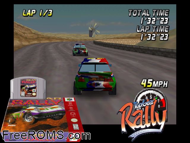 Top Gear Rally N64 game showing 3D box cover and gameplay screenshot
