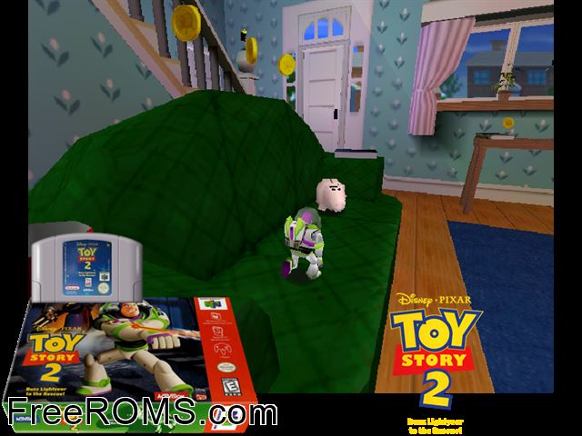 Toy Story 2 N64 game showing 3D box cover and gameplay screenshot
