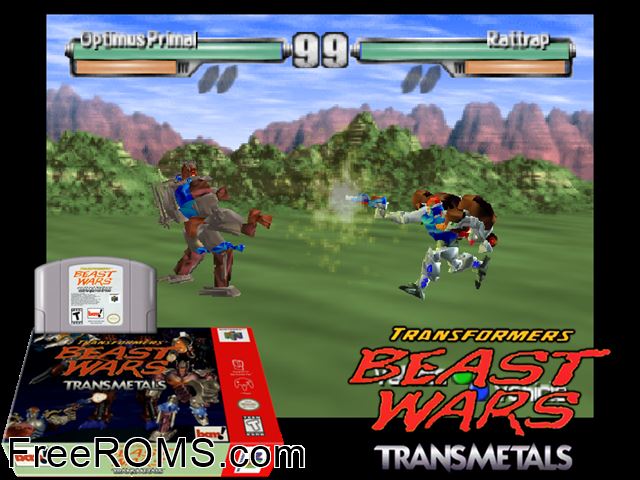 Transformers - Beast Wars Transmetals N64 game showing 3D box cover and gameplay screenshot