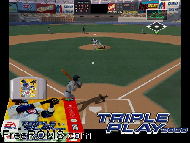 Triple Play 2000 N64 game showing 3D box cover and gameplay screenshot