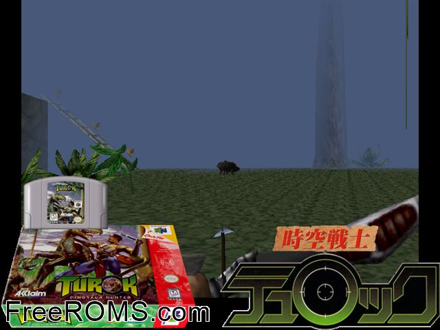 Turok - Dinosaur Hunter N64 game showing 3D box cover and gameplay screenshot