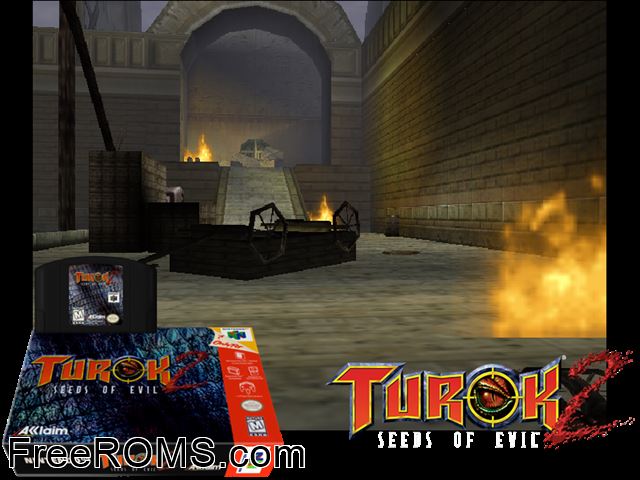 Turok 2 - Seeds of Evil N64 game showing 3D box cover and gameplay screenshot
