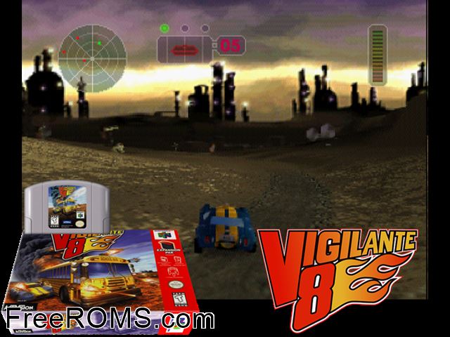 Vigilante 8 N64 game showing 3D box cover and gameplay screenshot