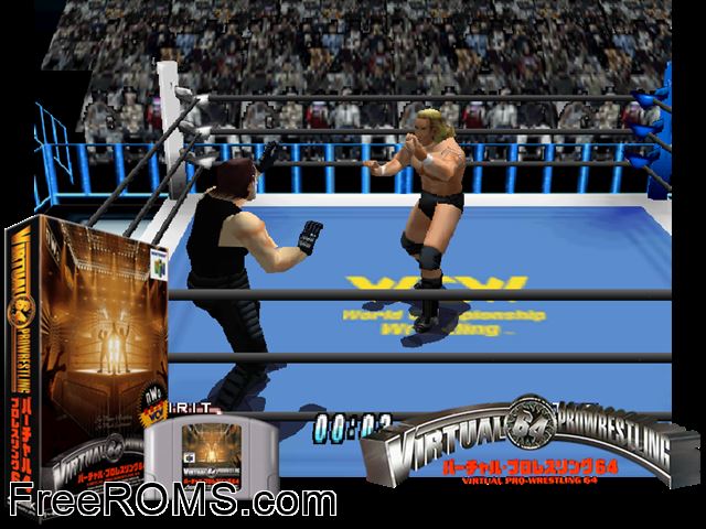 Virtual Pro Wrestling 64 N64 game showing 3D box cover and gameplay screenshot