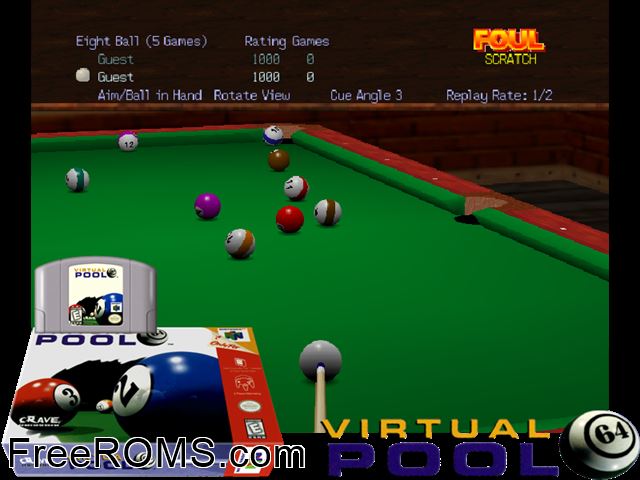 Virtual Pool 64 N64 game showing 3D box cover and gameplay screenshot